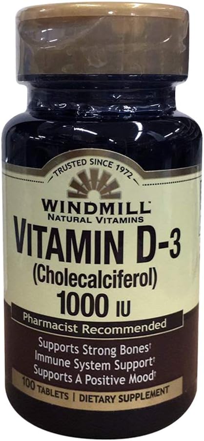 Windmill Natural Vitamin Witamina D-3 Cholekalcyferol 1000IU Suplementy dietetyczne 100 Tabletki (Opakowanie po 2)