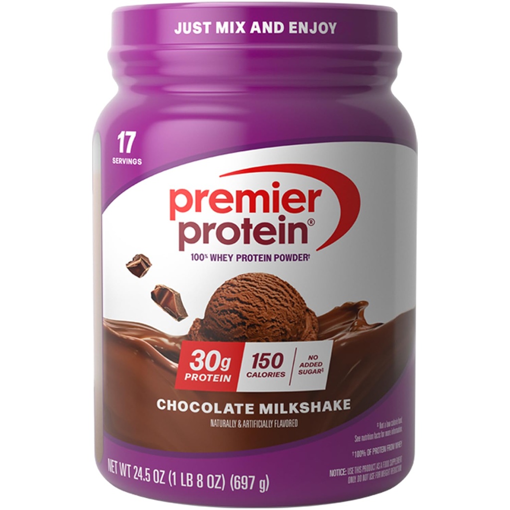 Premier Protein Powder, Czekoladowy Milkshake, 30 g Protein, 1 g Cukier, 100% Białko serwatki, Keto Friendly, No Soy, Gluten Free, 24,5 oz (17 Sług)