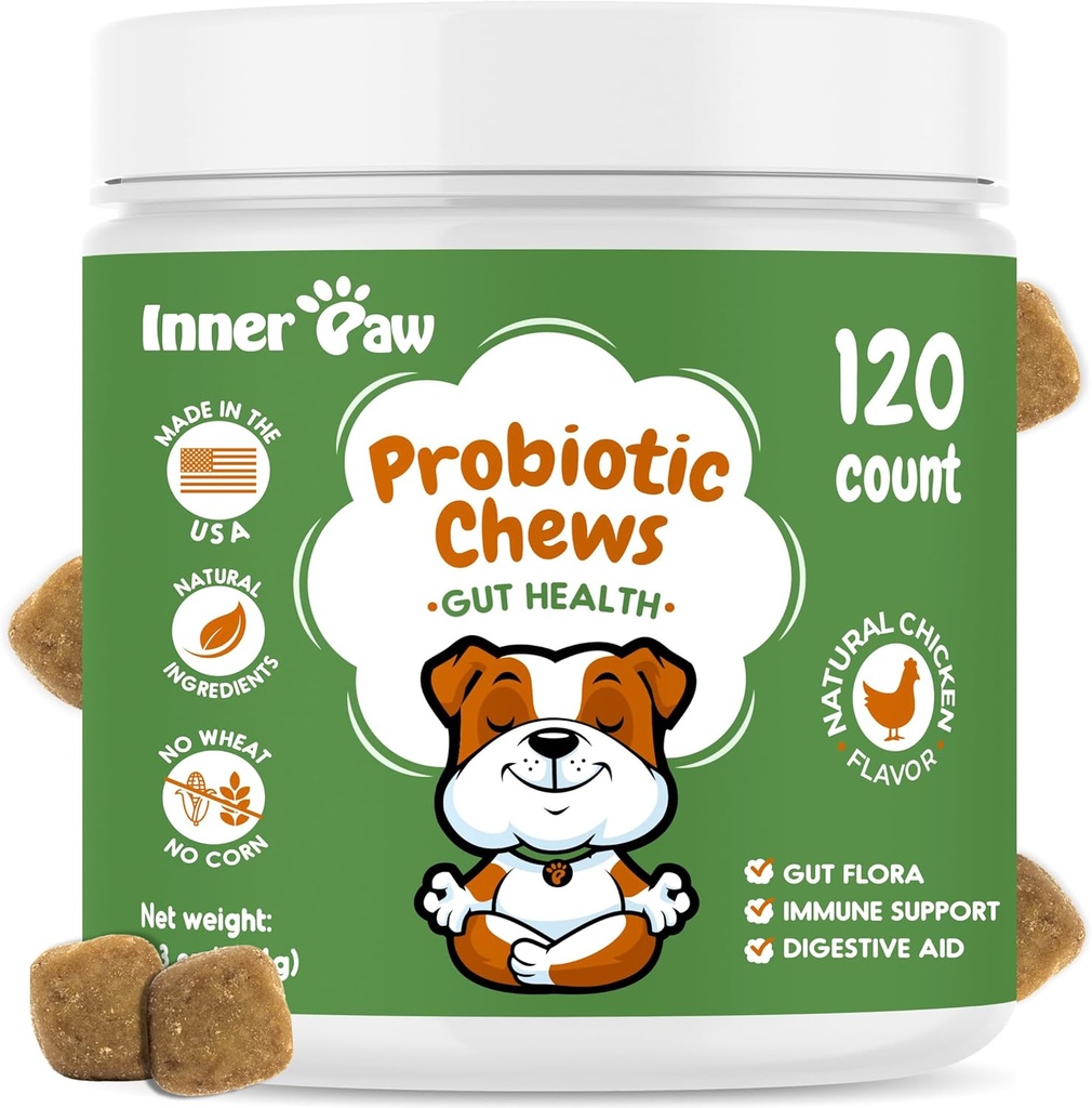 Inner Paw Probiotics for Dogs, Digestive Enzymes & Prebiotic Formula for Gut Health, Dog Probiotics for Diarrhea, Bowel & Immune Support, Chicken Flavor, 120 Soft Chews