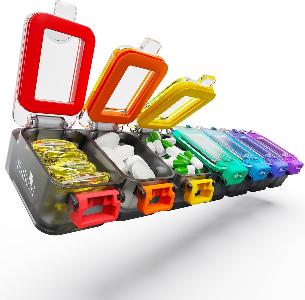 Fullicon Cotygodniowy Pill Organizator 7 Dzień Ultra Moisture i Spill Proof Daily Pill Box, Duża sprawa medycyna z bezpiecznego Buckle, Compact Travel Pill Pojemnik do Pill, Witamina, & Olej rybny (Rainbow Black)