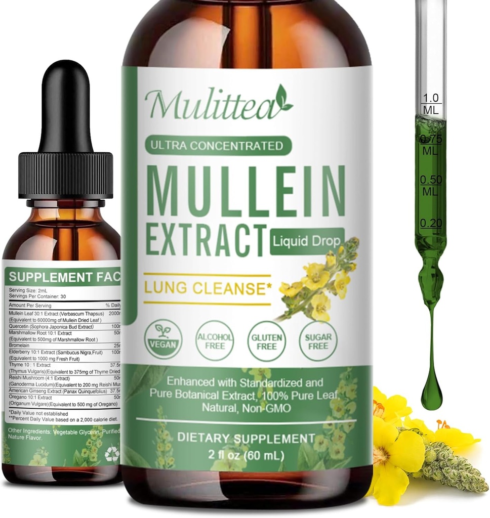 Mullein Drops for Lungs & Lymphatic Dreamage - Lung Cleanse & Detox- Vegan Mullein Leaf Extract Wsparcie immunologiczne, Odżywienie układu oddechowego -9 PotENt Herbal Suplement do Renew -Jako Płyn