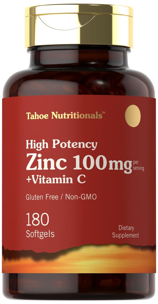 Carlyle Zinc Suplement 100mg z witaminą C 124; 180 Softgels X124; Non-GMO, Gluten Free X124; Tahoe Nutritionals