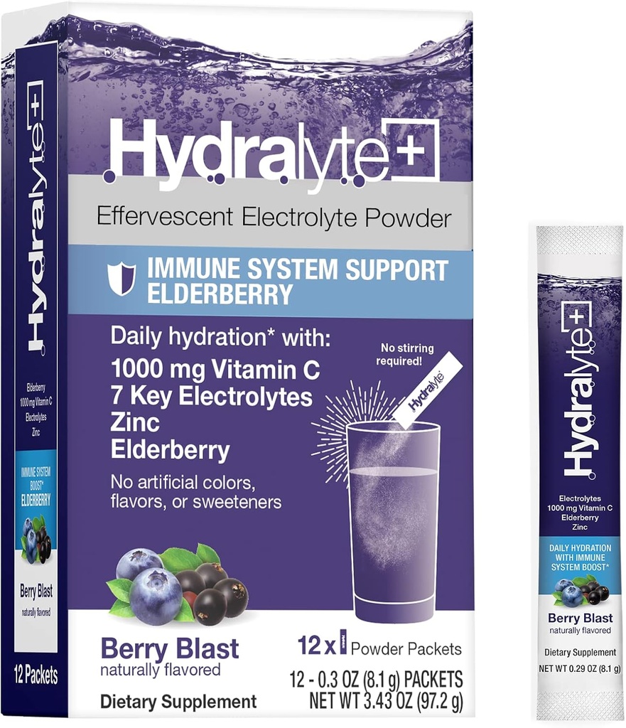 Hydralyte Electrolytes Plus Immunitet, Elderberry - Proszek do szybkiego nawadniania niskiego cukru - Lekkie paczki proszku elektrolitów z 1000 mg witaminy C i 300 mg Elderberry (8oz Serve, 12 Count)