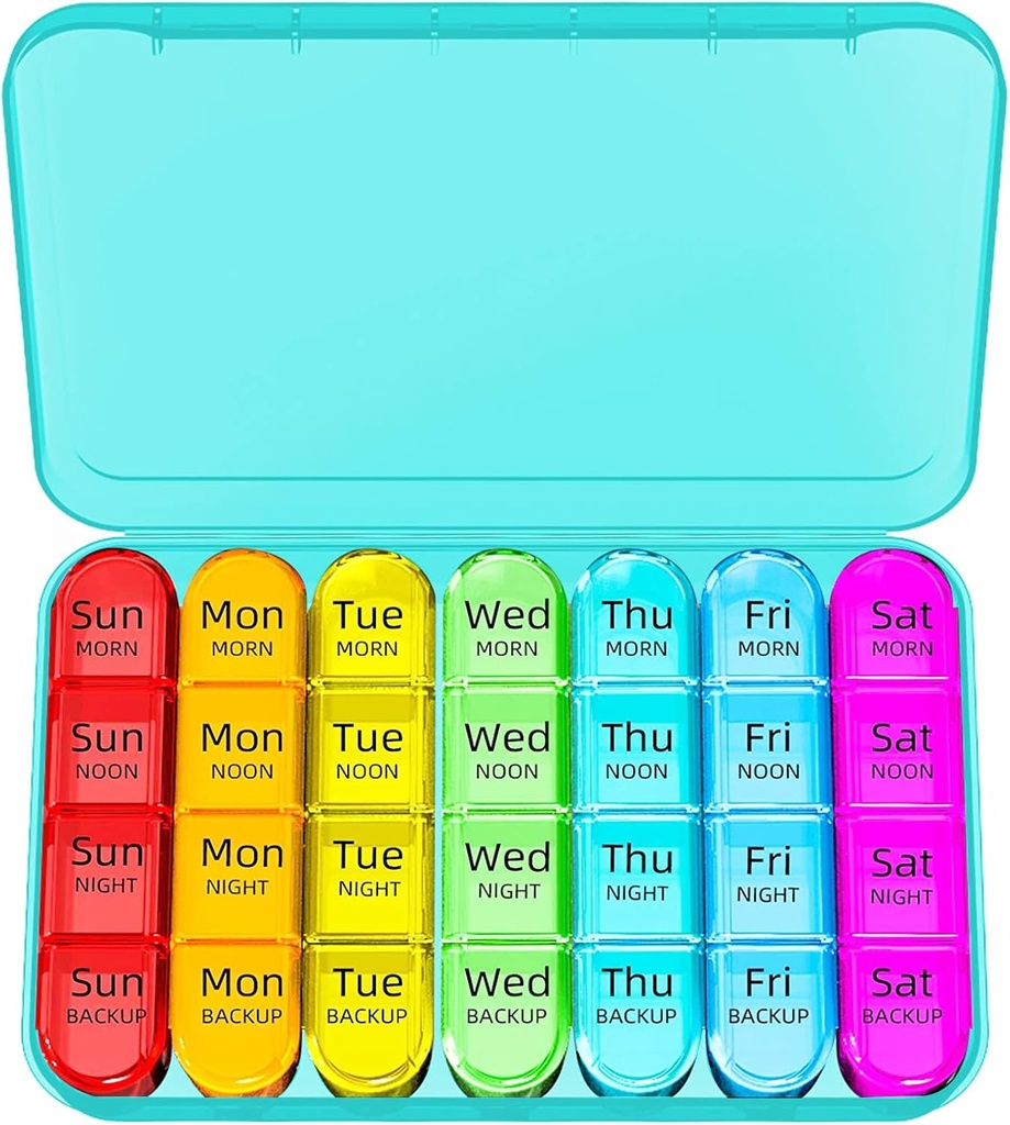 Odaro Cotygodniowy Pill Organizator 4 razy dziennie, Daily Pill Box 7 dzień, Duży Pill podróż przypadku z 28 Komory do trzymania medycyny, Witamina i suplement - Cyan Case