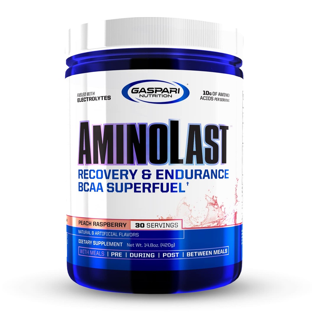 Gaspari Nutrition: AminoLast, Odzysk mięśni i Endurance BCAA Paliwo, Wzmacnia Odzysk i uzupełnia elektrolity, 30 Służenia (Peach Malina)