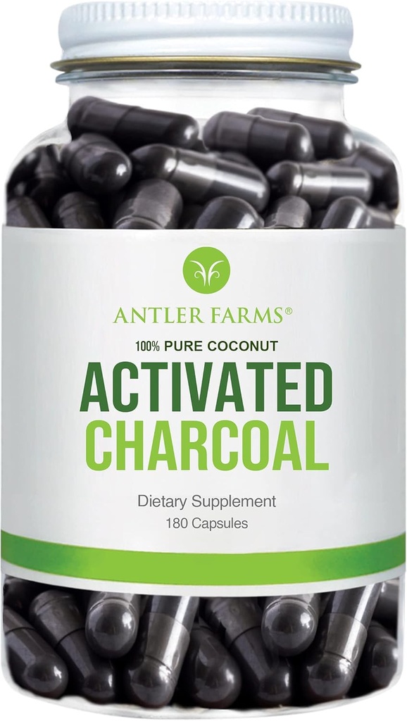 Antler Farms - 100% Czysty kokosowy aktywowany Węgiel, 180 Kapsułki 260mg - Wild Harbelled, Virgin Coconut Shell, USP Food Grade, Steam Activated, Ultra Fine