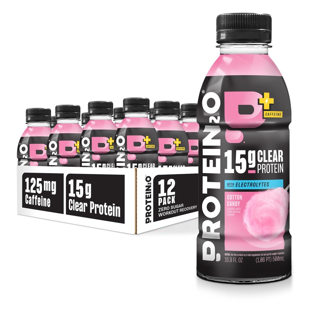 Protein2o 15g Izolacja białka serwatki Napoje nawadniające Plus Energia & Focus, 350mg Electrolytes, Witaminy B5 & B6, Bez cukru, Bawełna Candy, 16.9 oz Butelka (Opakowanie 12)
