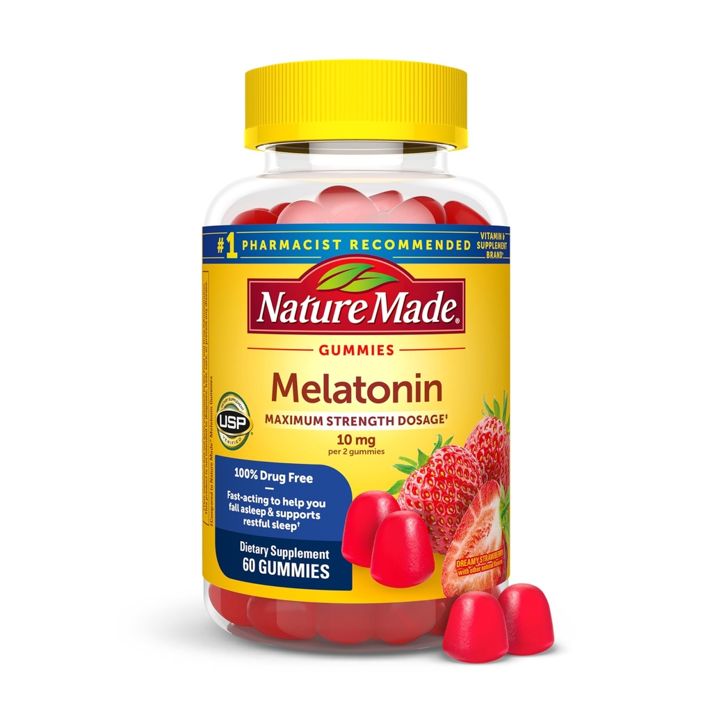Nature Made Melatonin 10 mg na porcję Gummies, Maksymalna dawka siły, 100% beznarkotykowa pomoc dla dorosłych, 60 Melatonina Gummies, 30 Day Supply
