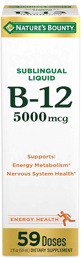 Nature 's Bounty Witamina B12 5000 µg Płyn podjęzykowy, Zdrowie układu sercowo-naczyniowego i Cellular Energy Support, 2 Fl Oz (1 liczba)