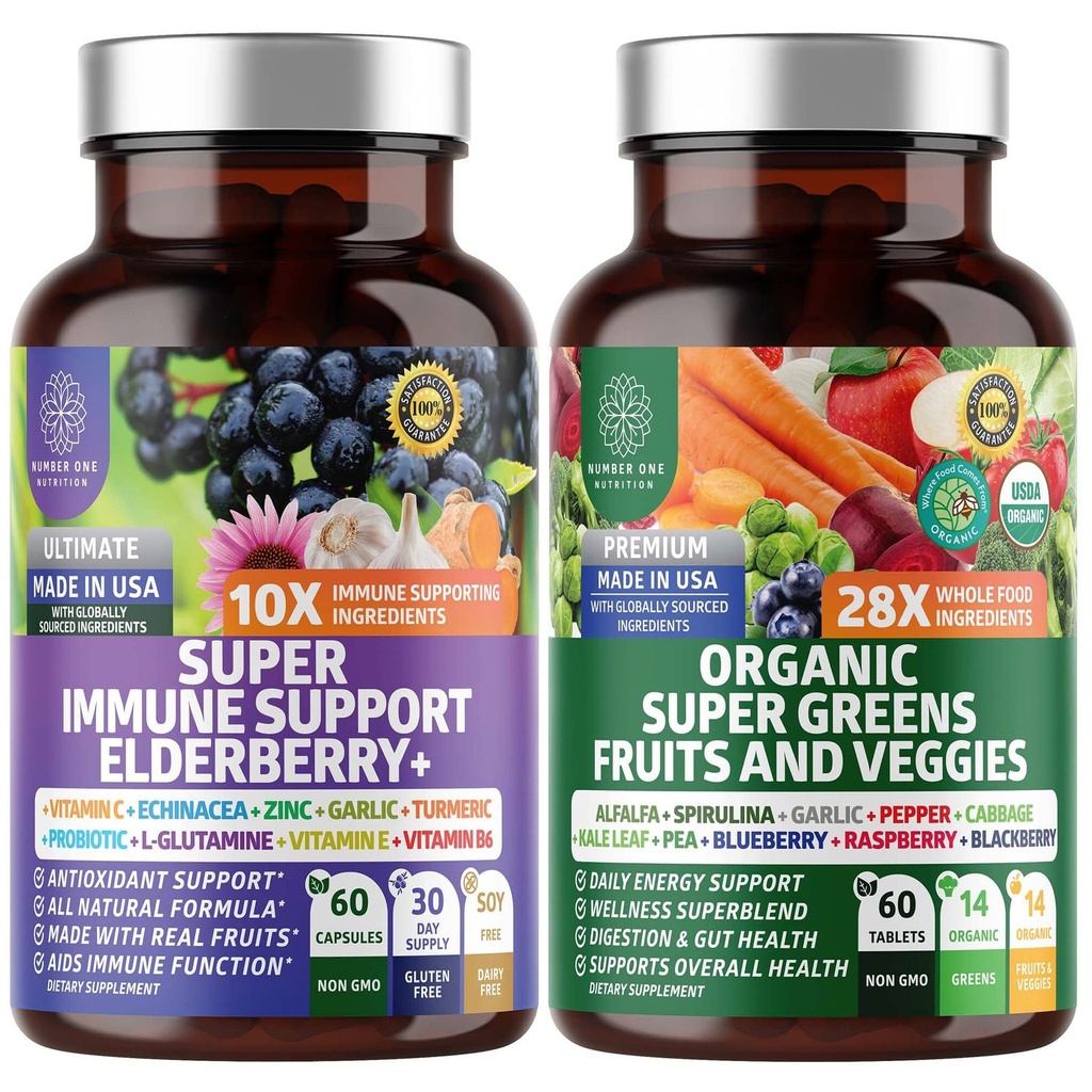 N1N Premium Organic Super Fruits & Veggies + Immune Support [38 Potężne składniki], Natural Super Greens Suplement z Alfa, Witaminy i Minerały, Cynk, Turmeric i Probiotic, 120 Czapki