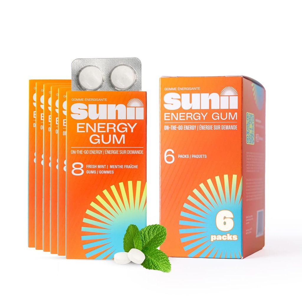 Sunii - Guma energetyczna - NOWOŚĆ Szybka Boost Energy & Focus - 50mg Gum kofeinowy - Witaminy B6 & B12, Tauryna, Wegan, Nie Cukier, Zero Calorie, Świeża mięta Smak - Szybsze niż żucia, napoje, żele i pigułki (48szt)