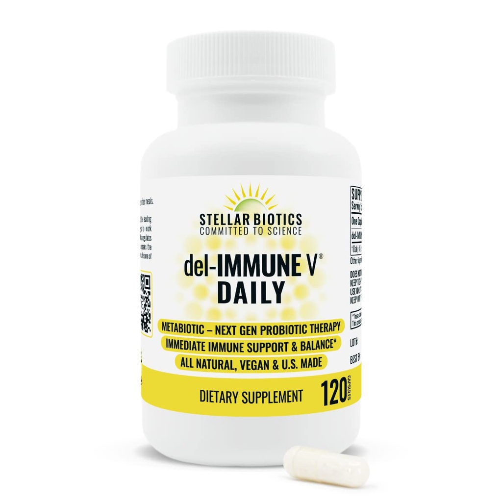 Del- Immune V ® Daily by Stellar Biotics, All- Natural Immune Support & Gut Health, Natychmiastowa Pielęgnacja, Metabiotyczne: NextGen Probiotic Therapy (120 Caps)