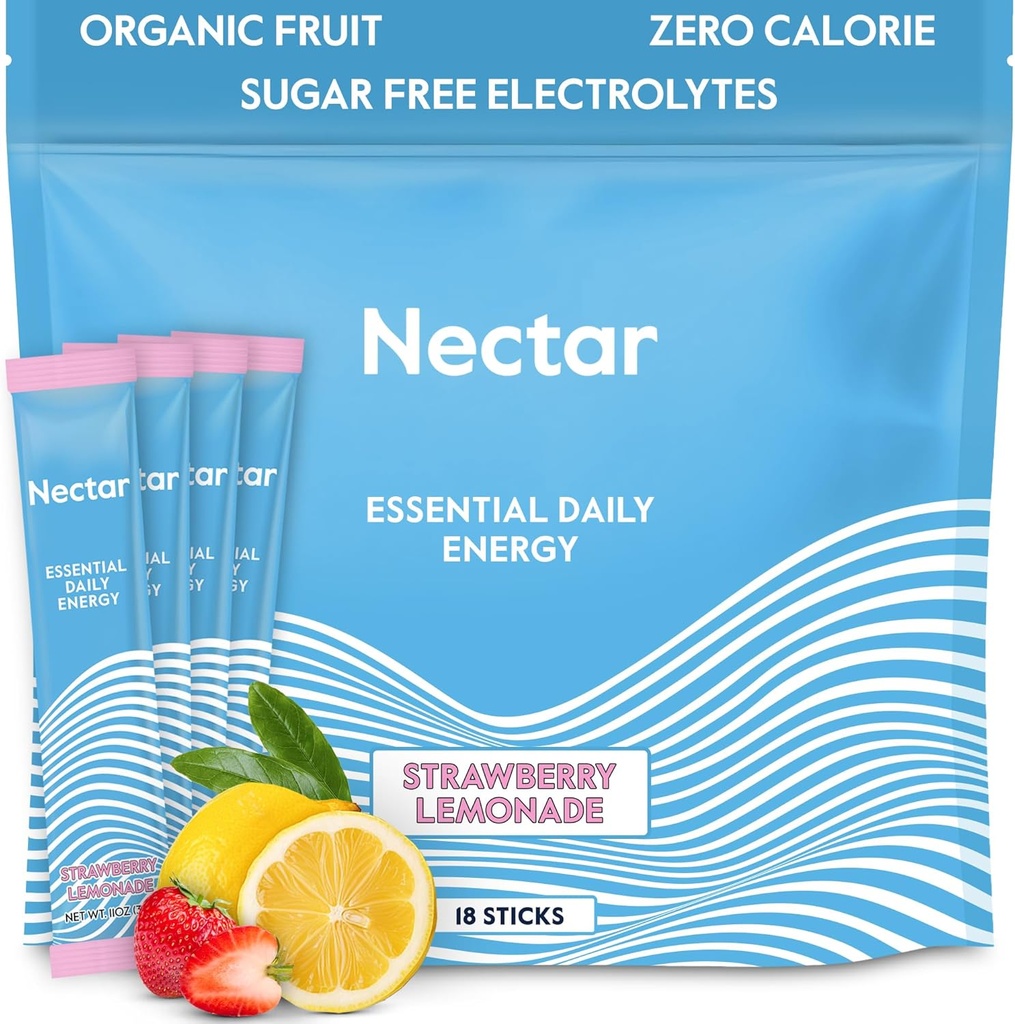 Nectar Energy Booster - Kofeina organiczna, B12 & Electrolytes - Sugar Free & Zero Calorie - Healthy Coffee, Energy Drink & Soda Alternative - Hydration & Energy Supplement (Straw. Lemoniada 18 Pakiety)