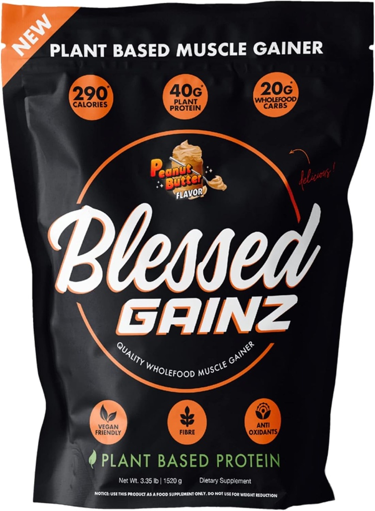 BLESSED Gainz Vegan Protein Powder Mass Gainer - 40 g Plant Based Protein Powder - Meal Replacement Shake with Pea Protein Powder - Vegan Protein Shake - 40 Serings (Masło orzechowe)