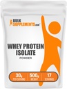BulkSupplements.com Proszek z izolatu białkowego serwatki - Proszek z niełuskanego białka serwatki, Suplement odżywczy - Bez glutenu, 30 g na porcję, 500 g (1,1 lbs) (opakowanie po 1)