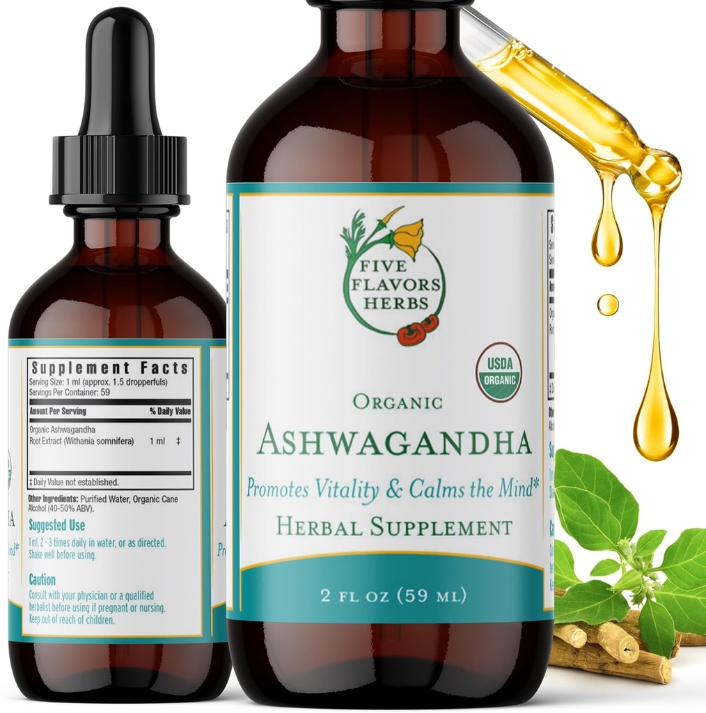 Ashwagandha Tincture - Promotes Vitality, Calms The Mind, Wsparcie immunologiczne, Adaptogen, Balsam cytrynowy, Suplement ziołowy - 2 Fl Oz