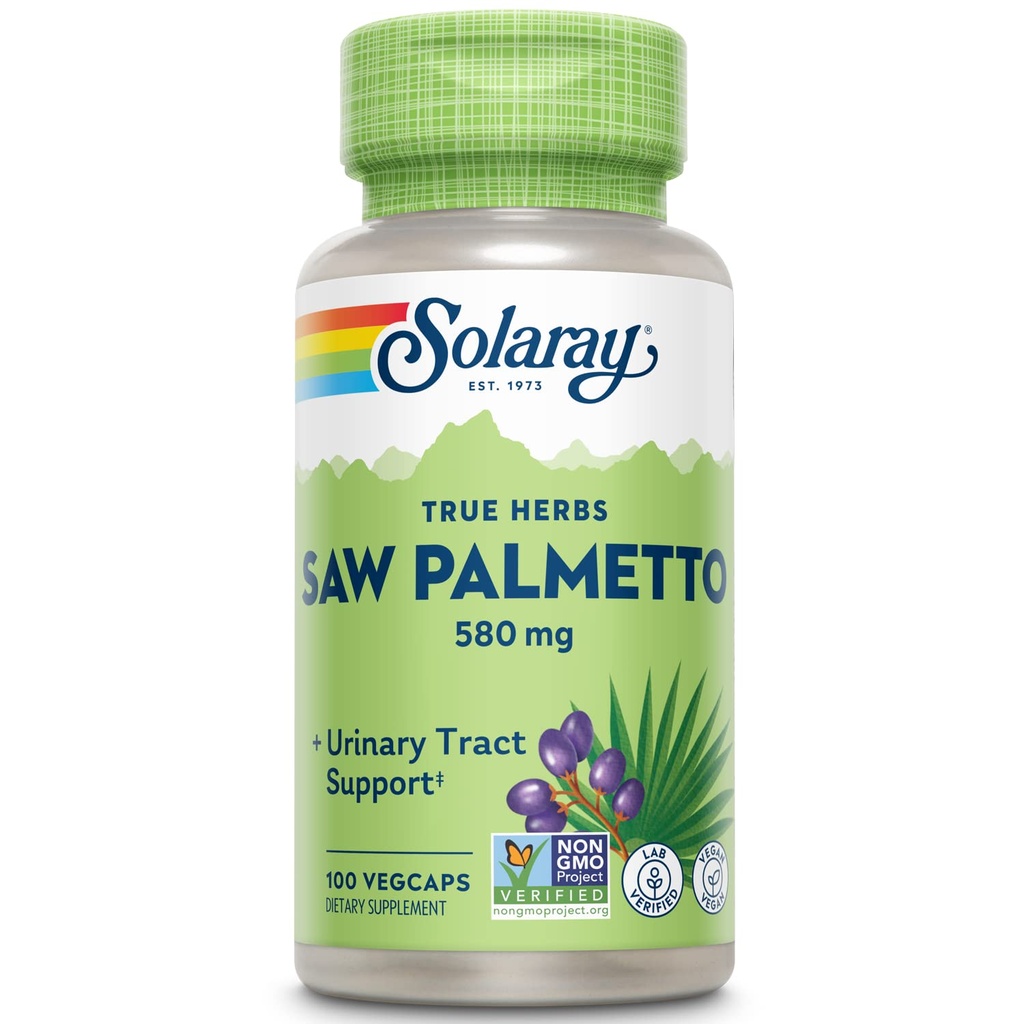SOLARAY Saw Palmetto Berry 580 mg, Healthy Prostate and Urynary Tract Support from Fatty Acids & Plant Sterols for Men and Women, Non-GMO, Vegan & Lab Verified, 100 VegCaps, 100 Servings