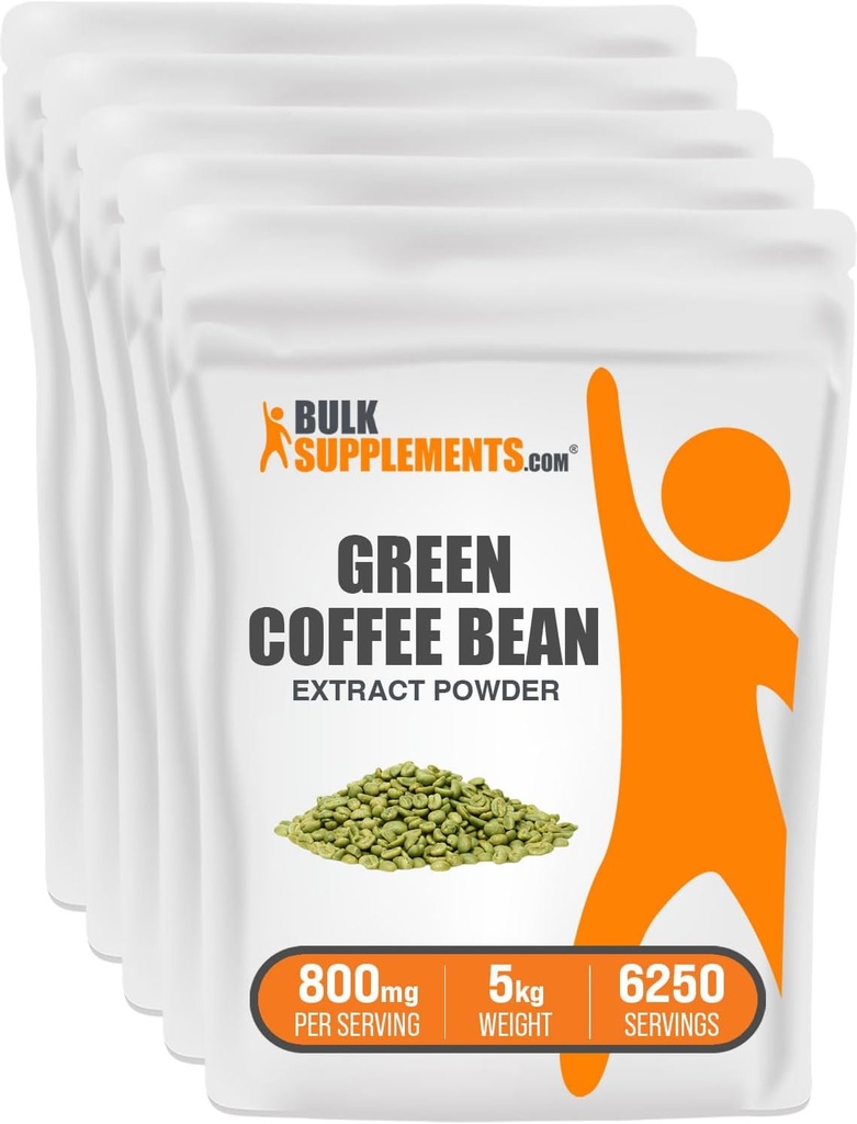 BulkSupplements.com Green Coffee Bean Extract Powder - Green Coffee Bean Supplements, Green Coffee Bean Powder - Wsparcie energetyczne, Gluten Free, 800mg na serwowanie, 5kg (11 funtów) (Opakowanie 5)