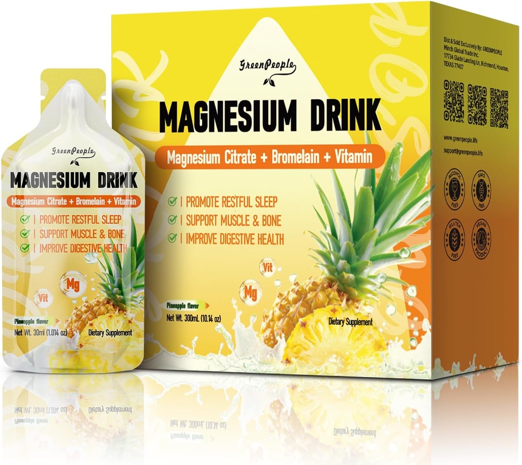 GREENPEOPLE 7-in-1 Magnesium Citrate Liquid, Magnesium Citrate Supplements Drink with 280mg Magnesium, Zinc, Bromelain, Vitamin C D3 B6, Muscle & Sleep Support for Kids & Adult, 1 fl.Oz (10Pcs)