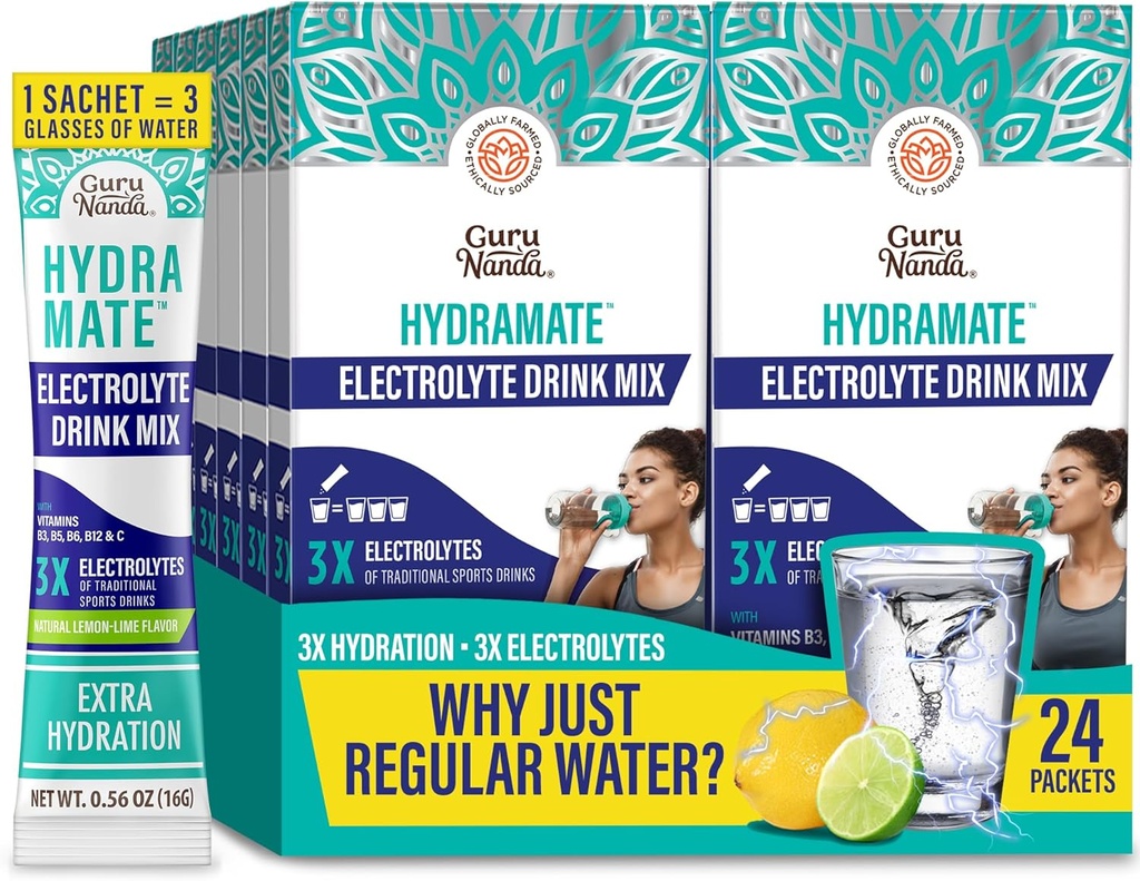 GuruNanda Hydramate Hydration Support Drink Mix - Electrolyte Powder Packets for Dehydration, Exercise & Energy - No Added Sweeteners, Non-GMO, Natural Lemon Lime Flavor - 24 Count (0.56 oz Each)