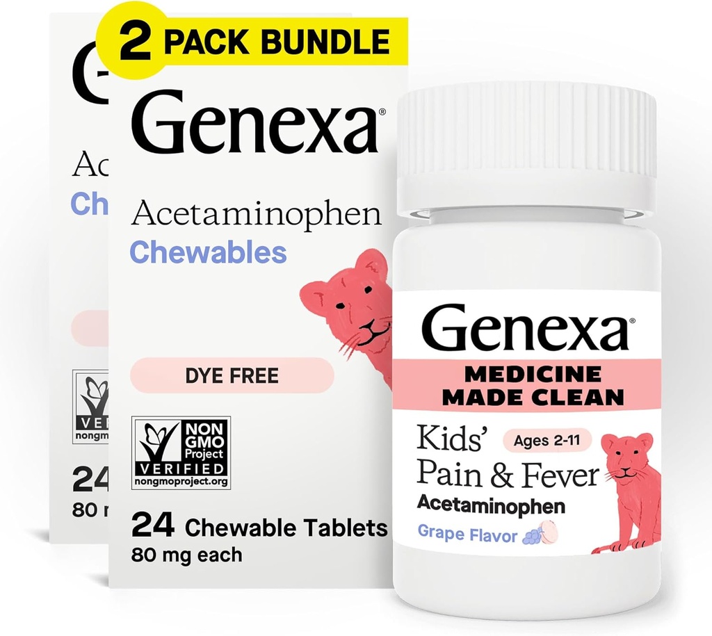 Genexa Dzieci czysty ból i gorączka Acetaminofen Chewables, Dye Free, 0% Sztuczne dodatki, Pyszny aromat winogronowy, Leki do żucia dla dzieci 2- 11, 80 mg na tabletkę, 48ct (2 opakowania)