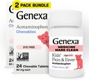 Genexa Dzieci czysty ból i gorączka Acetaminofen Chewables, Dye Free, 0% Sztuczne dodatki, Pyszny aromat winogronowy, Leki do żucia dla dzieci 2- 11, 80 mg na tabletkę, 48ct (2 opakowania)