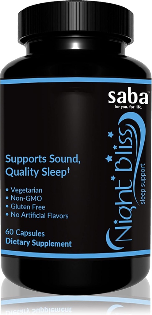 Saba Night Bliss Natural Sleep Assistance 124; Non- Habit Forming Assistance 124; Sleep Supplement for Longer Sleep & Stress Relief w / Magnezu, Melatonin, GABA, Rumianek, & Valerian (60 Kapsułek Wegańskich, 30 Day Supply)