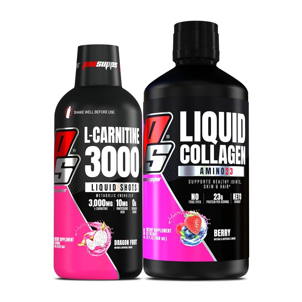 PROSUPPS L- Carnitine 3000 Stymulant Free Liquid Shots (Dragon Fruit) Amino23 Liquid Collagen Shots (Berry) Bundle
