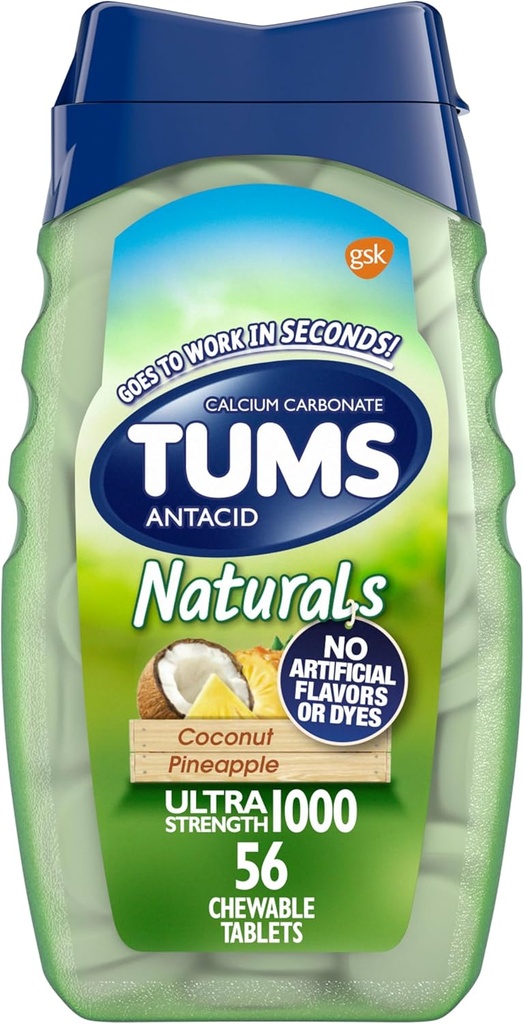 TUMS Naturals Chewable Ultra Siła Antacid Chews for Heartburn Relief, Ananas kokosowy - 56 Count