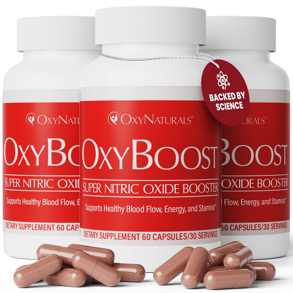 Suplement tlenku azotu OxyBoost dla mężczyzn i kobiet - Wspiera cyrkulację, zdrowie serca, energię, klarowność psychiczną i przepływ krwi - Naturalna formuła z winitroksem - 180 kapsułek (opakowanie po 3)