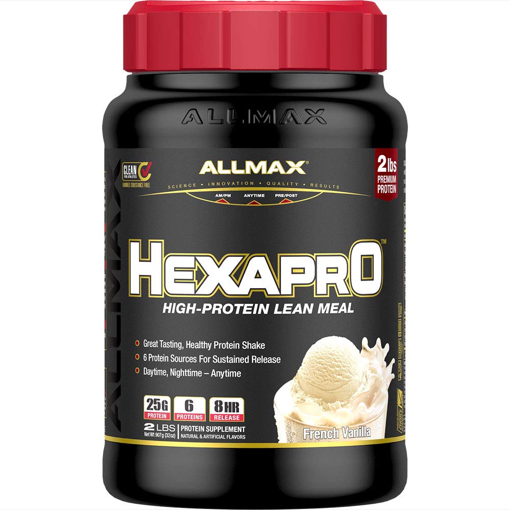 ALLMAX HEXAPRO, French Vanilla - 2 lb - 25 gramów białka na serwowanie - 8-godzinne Trwałe uwolnienie - Zero cukru - 21 Służenia