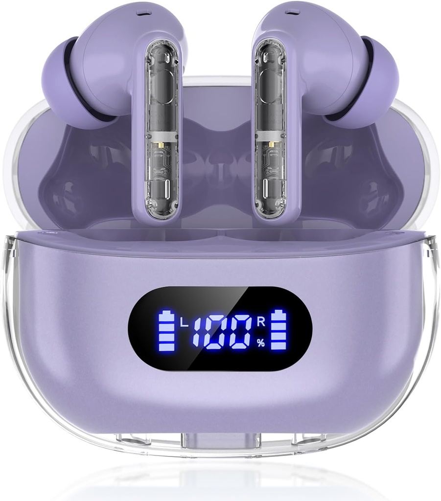 Fioletowe bezprzewodowe słuchawki P1 PRO, słuchawki bezprzewodowe Bluetooth słuchawki z jasnych Mics Mics Mics Mir, Komfortowy Fit, IPX7 Waterproof Long Battery Life, 30H Playtime do treningu sportowego