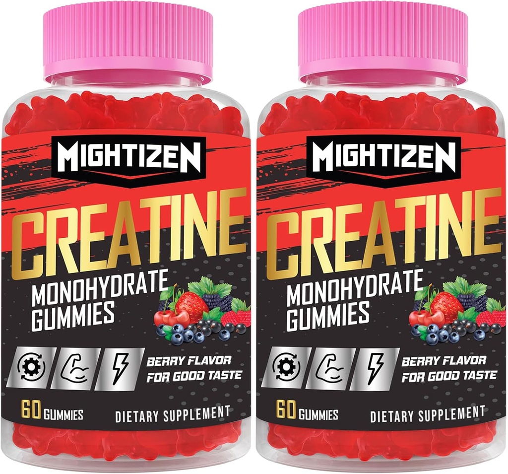 Kreatyna dla mężczyzn i kobiet Kreatywna jednowodzian Gummie, Monowodzian kreatynowy na podawanie z Tauryną i Witaminą B12, Trening wstępny dla Max Siła, Energia i Endurance - 2 Pack