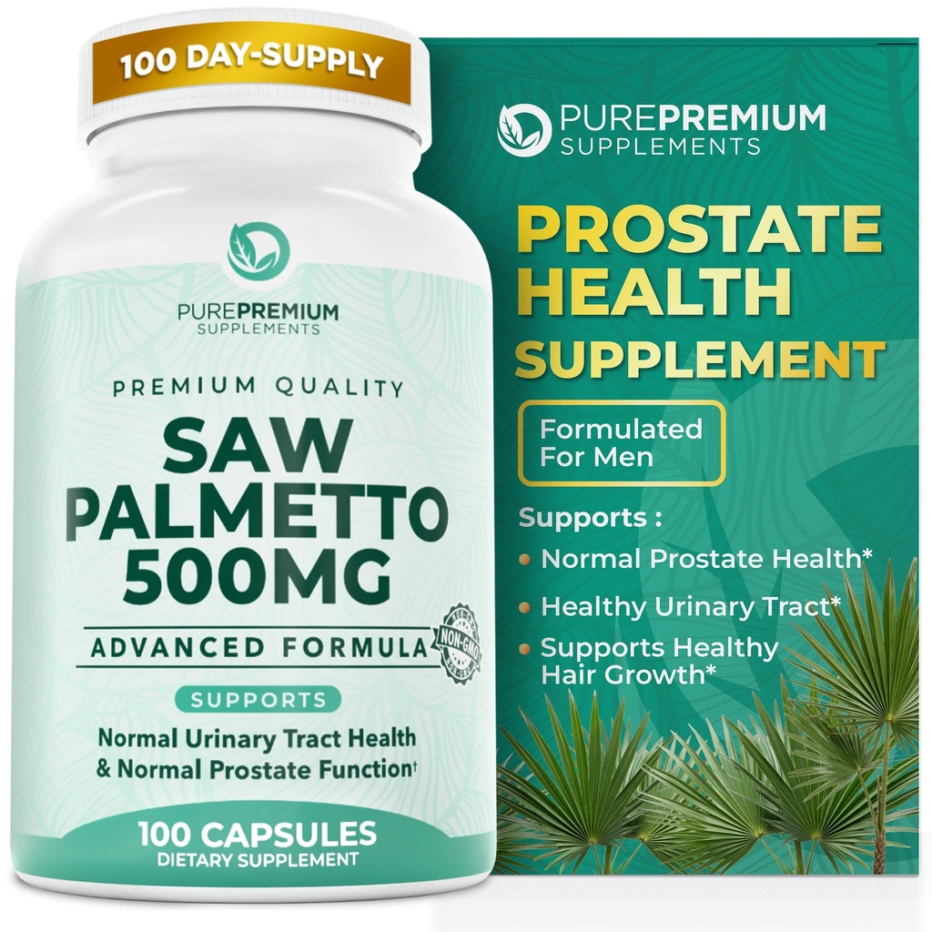 PurePremium Saw Palmetto 500 mg dla mężczyzn / kobiet - Maksymalna moc Saw Palmetto Extract 124; Proszek kapsułki Suplement - Wsparcie Normalny Trakt moczowy, Prostate Health / Hair - 3 miesiące dostaw - 100 Tabletki