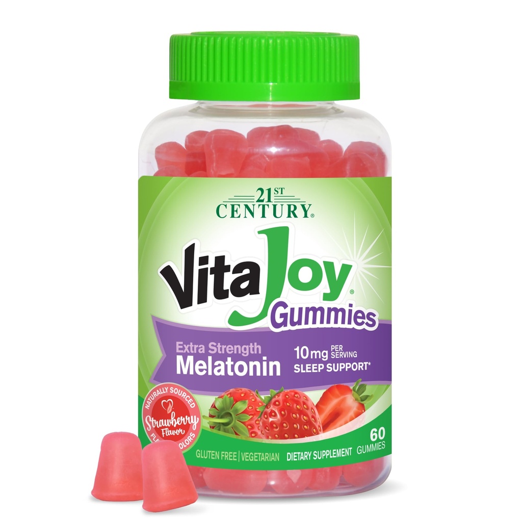 21 wieku Opieka zdrowotna VitaJoy Extra Siła Melatonina 10 mg Gumiaki, Truskawka, 60 Hrabia, Czerwony, 0,43 funtów, (Opakowanie po 1)