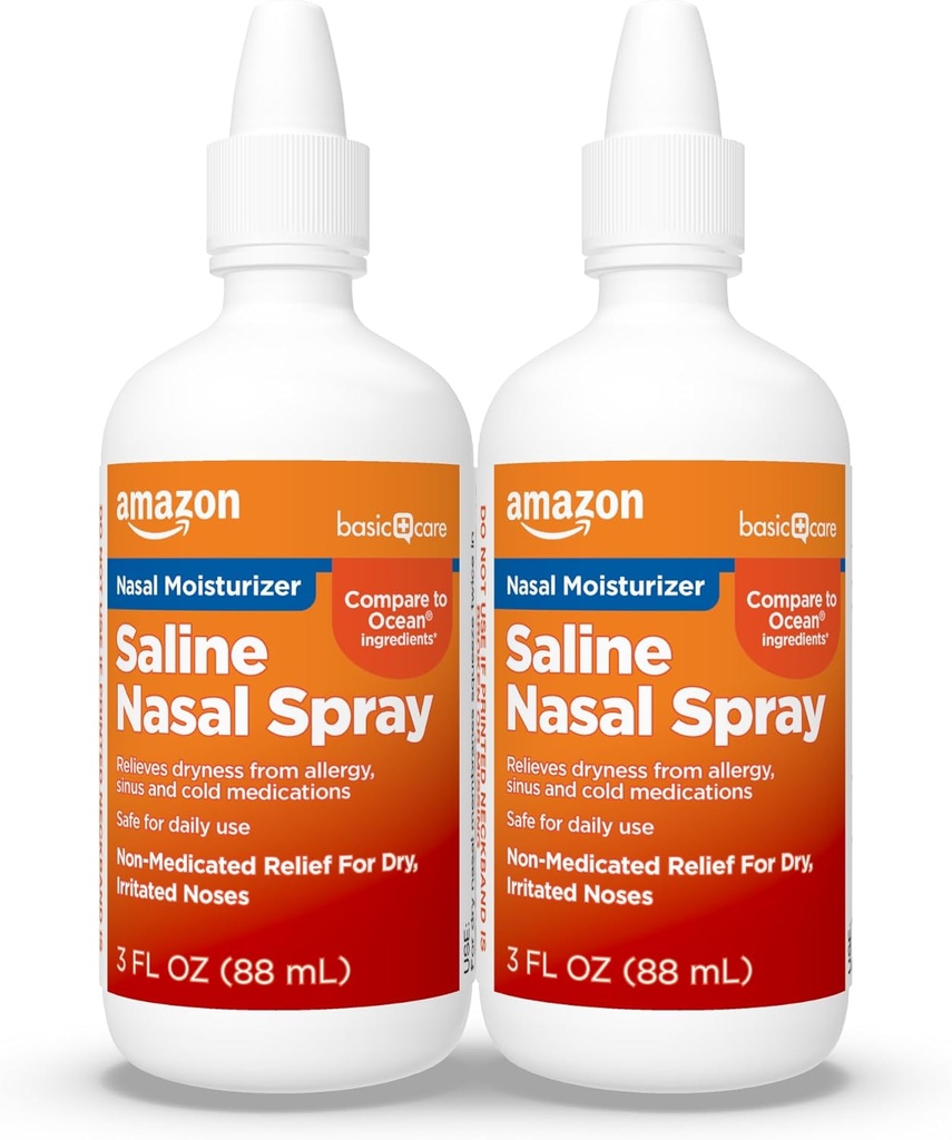 Basic Care Premium Saline Nasal Spray nawilżający Nasal, Natychmiast Kojący Nasal Mist Nos Spray, Nieleczona Relief, 3 fl oz (Opakowanie 2)