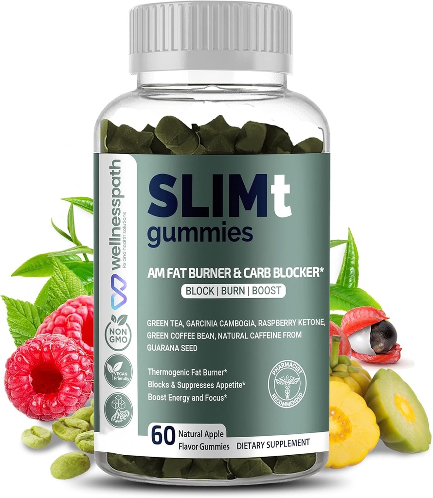 SLIMT Weight Loss & Apetite Control Gummies, Termogeniczny booster metabolizmu, Pomaga w utracie wagi dla kobiet i mężczyzn, Natural Energy Booster, 60 Counts - Wellnsspath Rx i Health Solutions