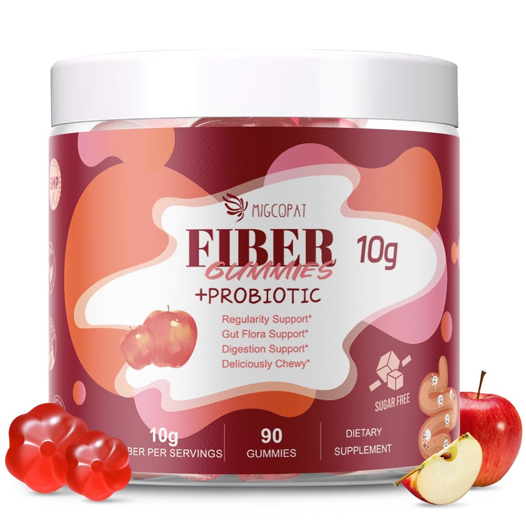 Fiber Gummies z probiotyki, 10G Fiber per Serving No Sugar Dodano Flavor jabłko, z 10 Miliard CFU Probiotyki Mieszanka, Jabłko Cydr Ocet, Witamina C, Inulina, Bloating Support 90 Count