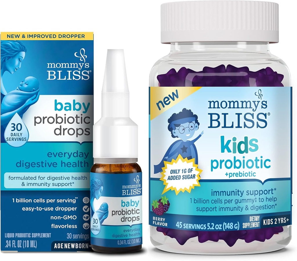 Mamusi Błogość Baby Probiotyczne Dropy Codziennie 30 Sługi (Pack of 1) z Dzieci Probiotyczne + Prebiotyczne Gummies 45 Sługi (Pack of 1), Immunitet Wsparcie dla wszystkich wieków: Noworodki dla dzieci i dorosłych
