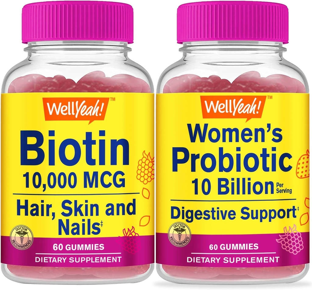 WellYeah Wysoka potencja Biotin + Probiotyki Kobiety 10B CFU, Gummies Bundle - Great Desting, Suplement witaminy, Gluten Free, GMO Free, Gummy do żucia