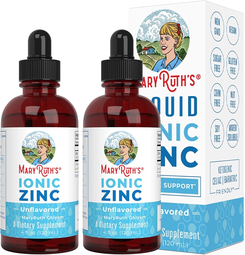 MaryRuth Organics, Jonowe płynne krople cynku do immunologicznego wsparcia Unflavored 4oz. (120 ml) 2 opakowania