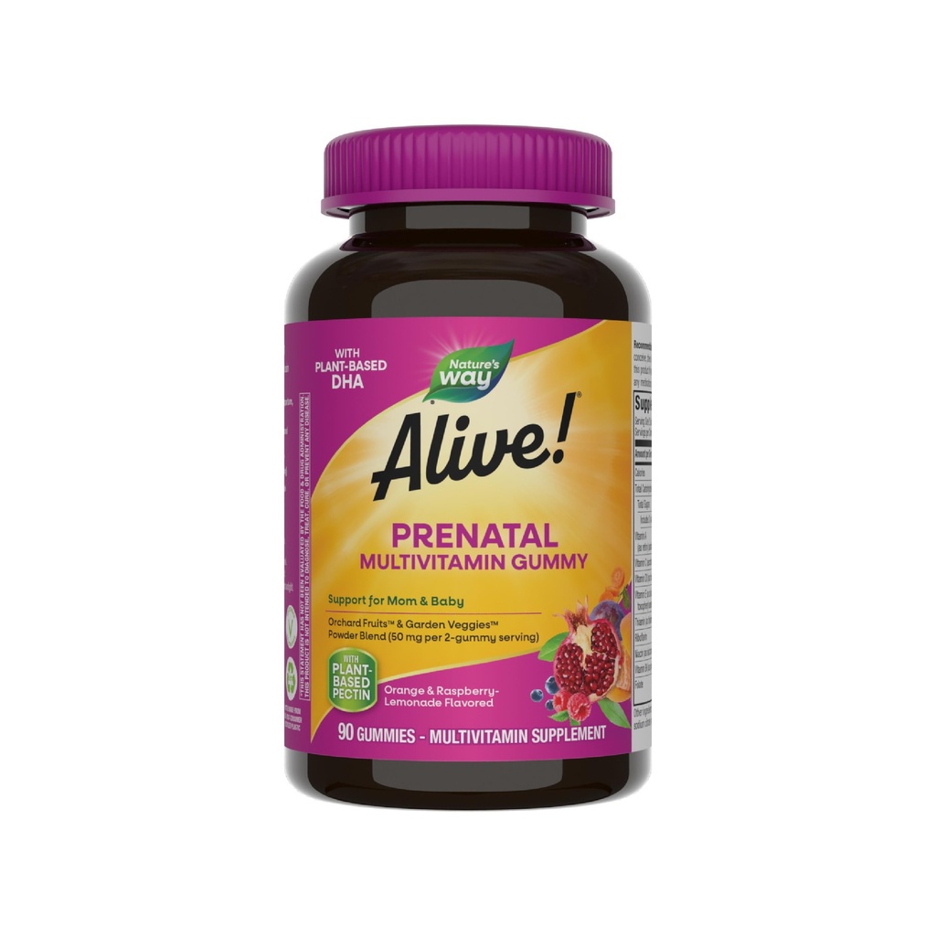 Nature 's Way Alive! Prenatal Multivitamine, Plant- Based DHA dla dziecka zdrowego rozwoju mózgu i oczu *, Wegetariański, Pomarańczowy i Malina Lemoniada aromat, 90 Gummies (Packaging May Vary)