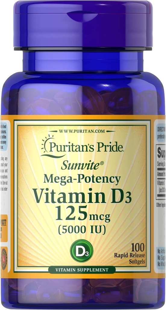 Puritan Pride Witamina D3, 5000 j.m., 100 hrabiego