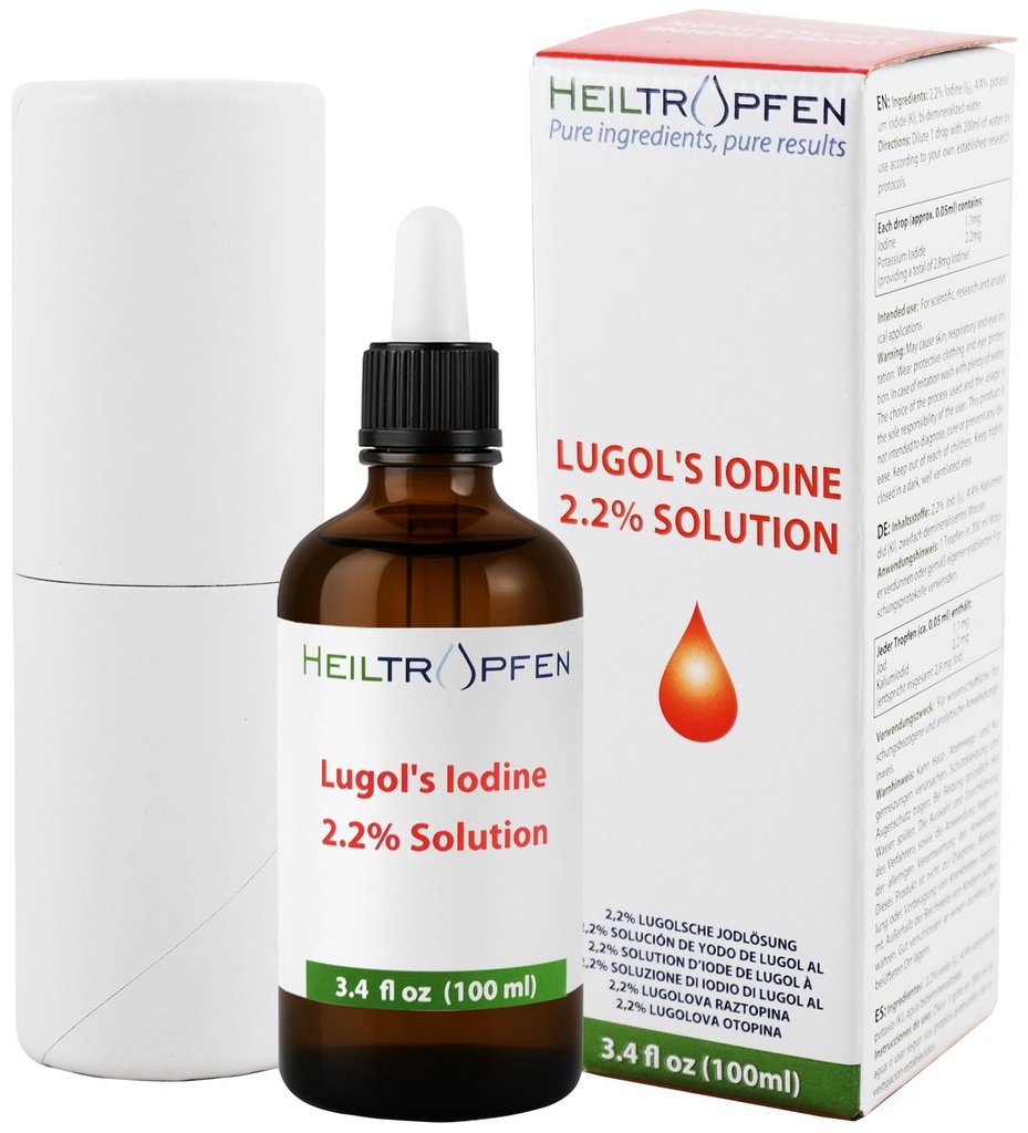 2,2% roztwór jodu Lugola 3,4 Fl Oz 124; składniki farmaceutyczne klasy 124; roztwór Lugols Made z jodu i jodku potasu. Heiltropfen ®