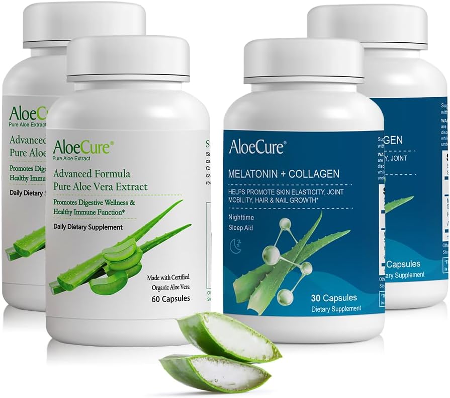 AloeCure Organic Aloe Vera kapsułki Pack - 4 kawałki - 2 x Melatonina + Kolagen, 2 x Aloe Vera kapsułki
