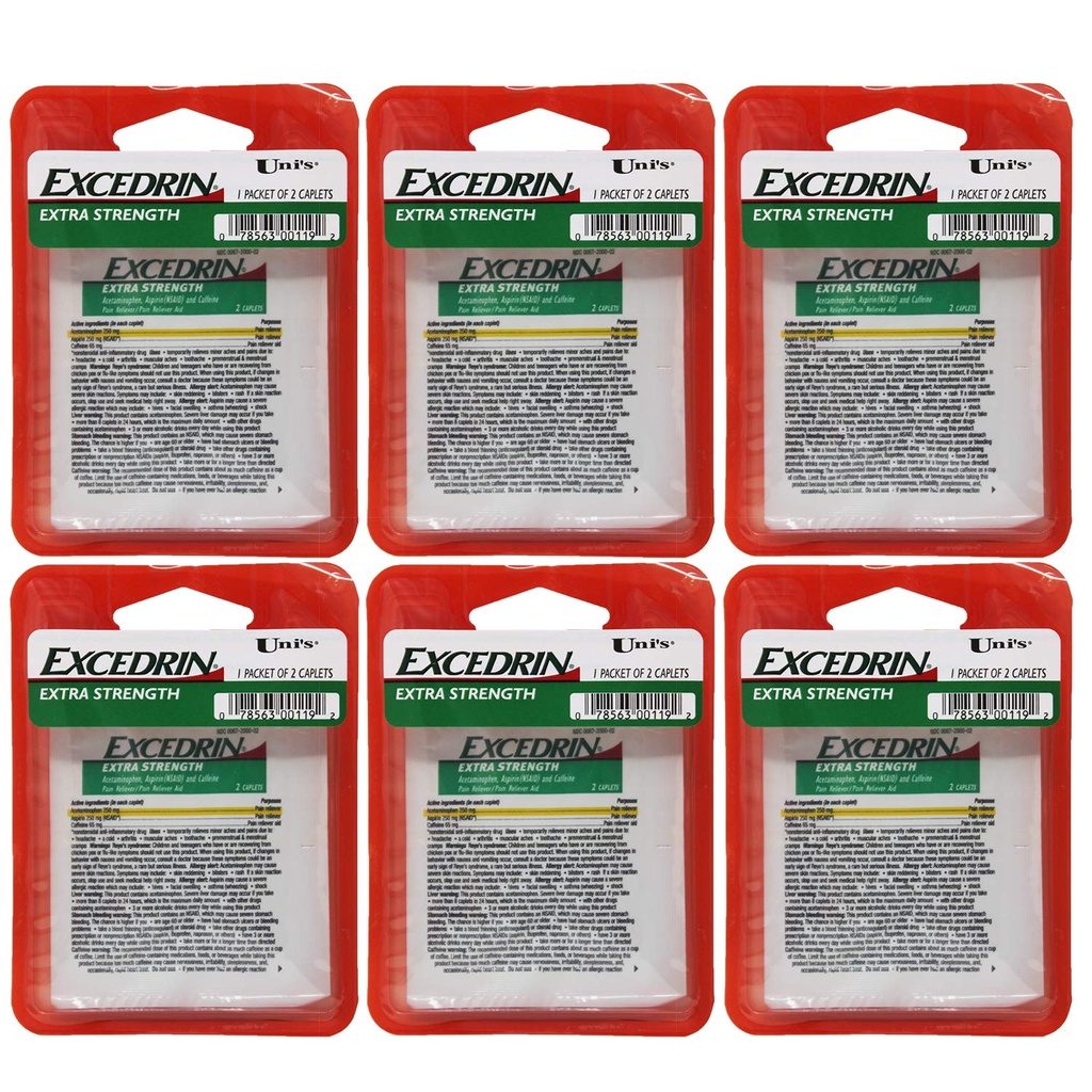 Uni 's Excedrin Excedrin Extra Strength 6 Count Single Dose Relief 2 kapsułki w każdym opakowaniu. Pomaga łagodzić ból głowy, ból zęba, ból pleców, skurcze menstruacyjne, przeziębienie i achy mięśniowe.