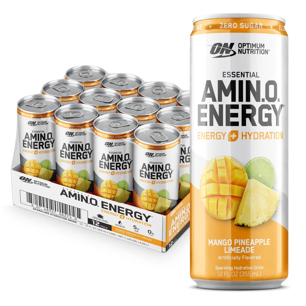 Optimum Nutrition Amino Energy Sflaging Hydration Drink, Electrolytes, Kofeina, Amino Acids, BCAA, Sugar Free, Mango Ananas Limeade, 12 Fl Oz, 12 Pack (Packaging May Vary)