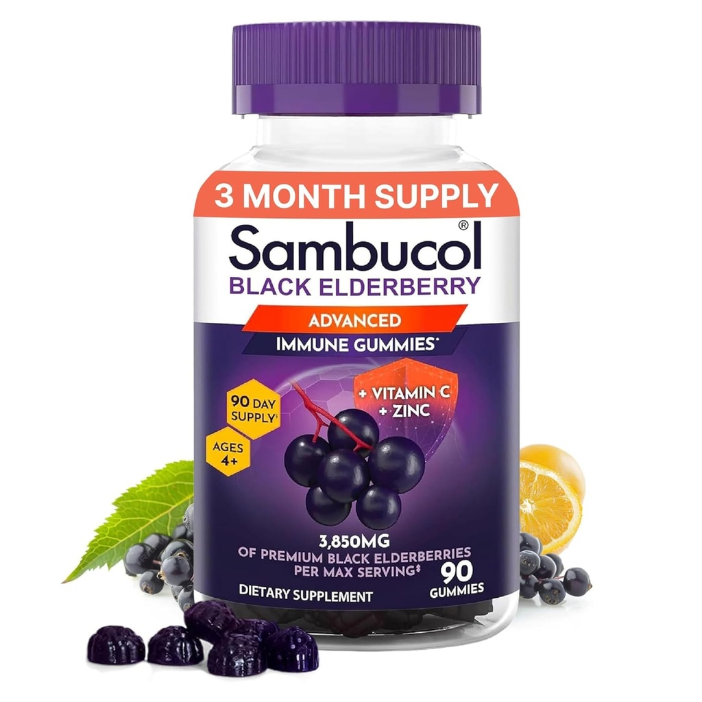 Sambucol Gummies Elderberry dla dorosłych z witaminą C; Cynk; Sambucus Gummies Elderberry dla immunologicznego wsparcia z wysokimi antyoksydantami; Gluten Free; Wegan; 1 Gummy Per Serving; 90 Count (90 Day Supply)