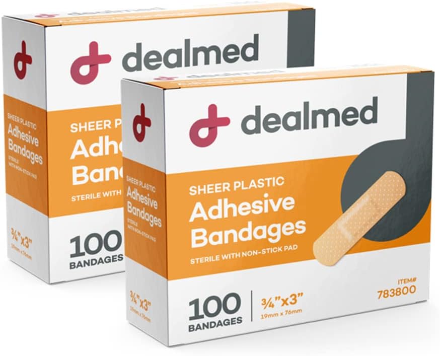 Dealmed Sheer Plastic Elastyczne opatrunki adhezyjne - 100 Hrabia (2 Pack) Bandaże z Non-Stick Pad, Latex Free, Opieka nad ranami dla pierwszego zestawu pomocy, 3 "x 3 / 4"