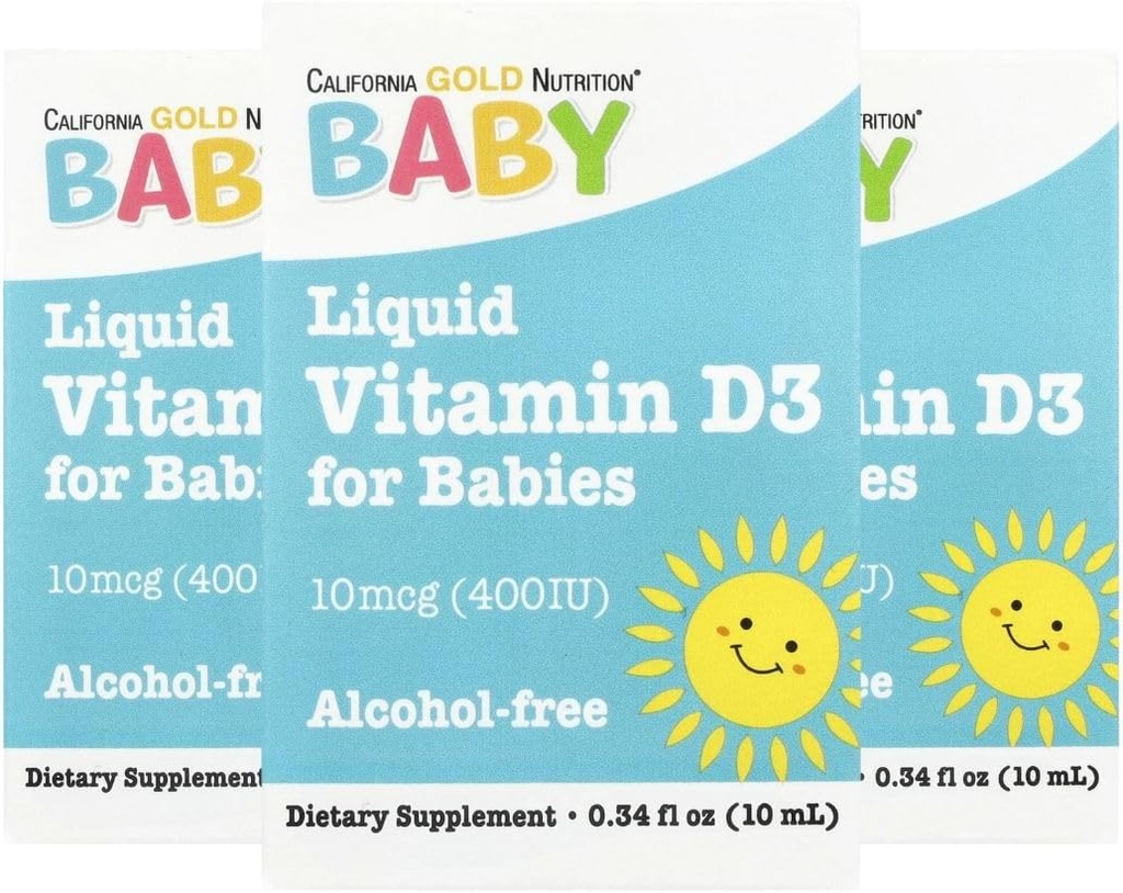 California Gold Nutrition Baby Witamina D3 - Płynny suplement D3 dla niemowląt, Przyjazny wegetariański - Wsparcie rozwojowe - Alkohol & Gluten Free, Non-GMO - 10 µg (400 j.m.) - 0,34 fl oz (10 ml), 3